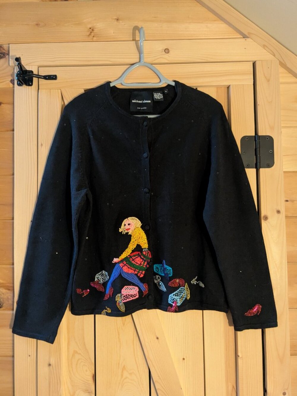 Michael Simon Cardigan Sweater Lg Love Shoes Cinderella Embroider Sequin Whimsy